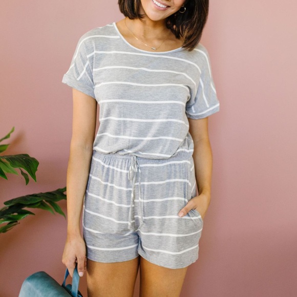 Dash of Pink Pants - Comfort Stripes Romper in Heather Gray